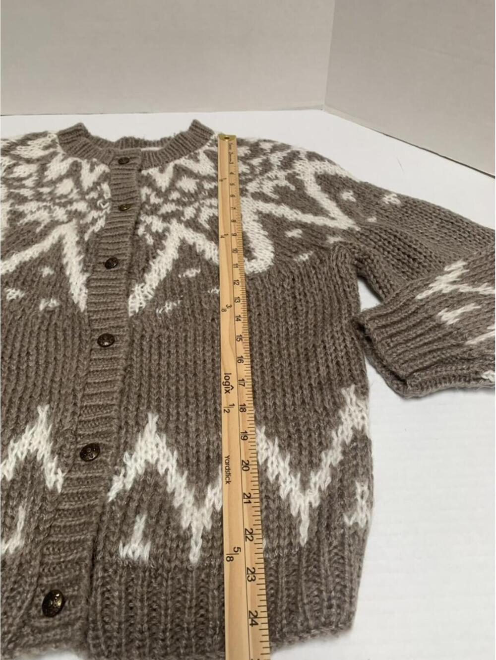 Vintage Knit Mania Hand Knit Taupe Cream Fair Isle Heavy Cardigan Sweater Small - Picture 6 of 8